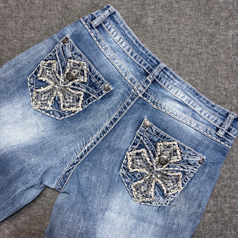 Rebel & Soul Skinny Jeans Women 10 Blue Embellished Cross Pockets Stains